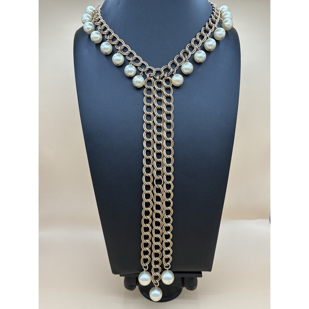 Vintage Park Lane Faux Pearl Statement Bib Necklace Gold Tone Runway Glam